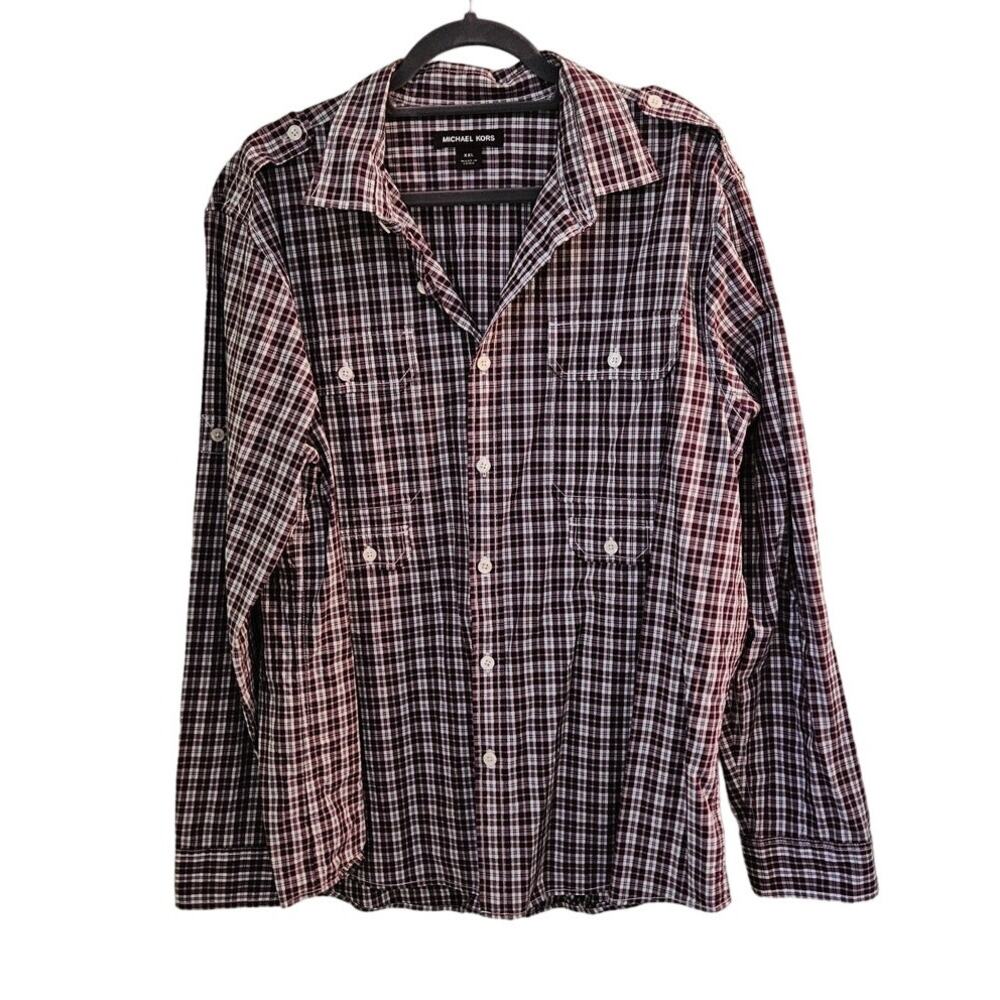 Michael Kors Collection Men's Casual Brown Checked Cotton Button-Down Shirt XXL